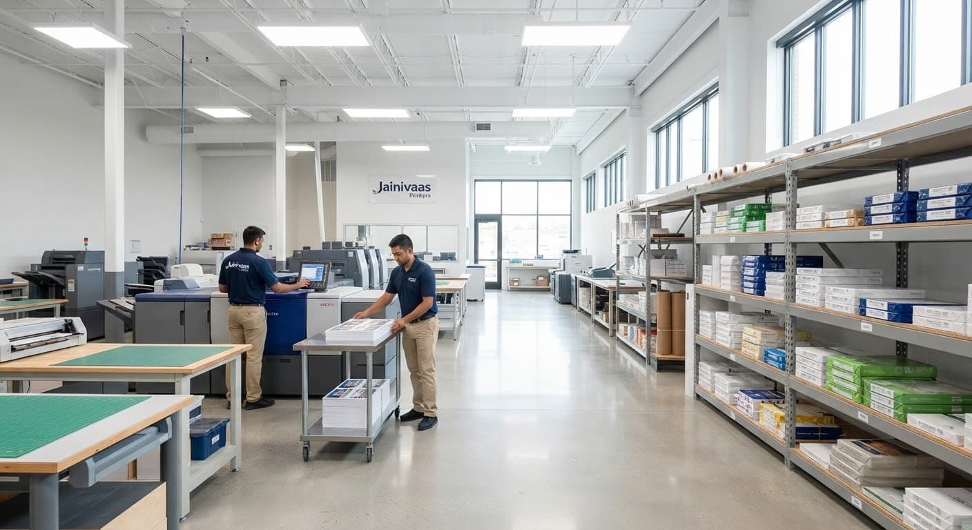Interior of a print shop warehouse with clean floors and organised shelves of paper stock.