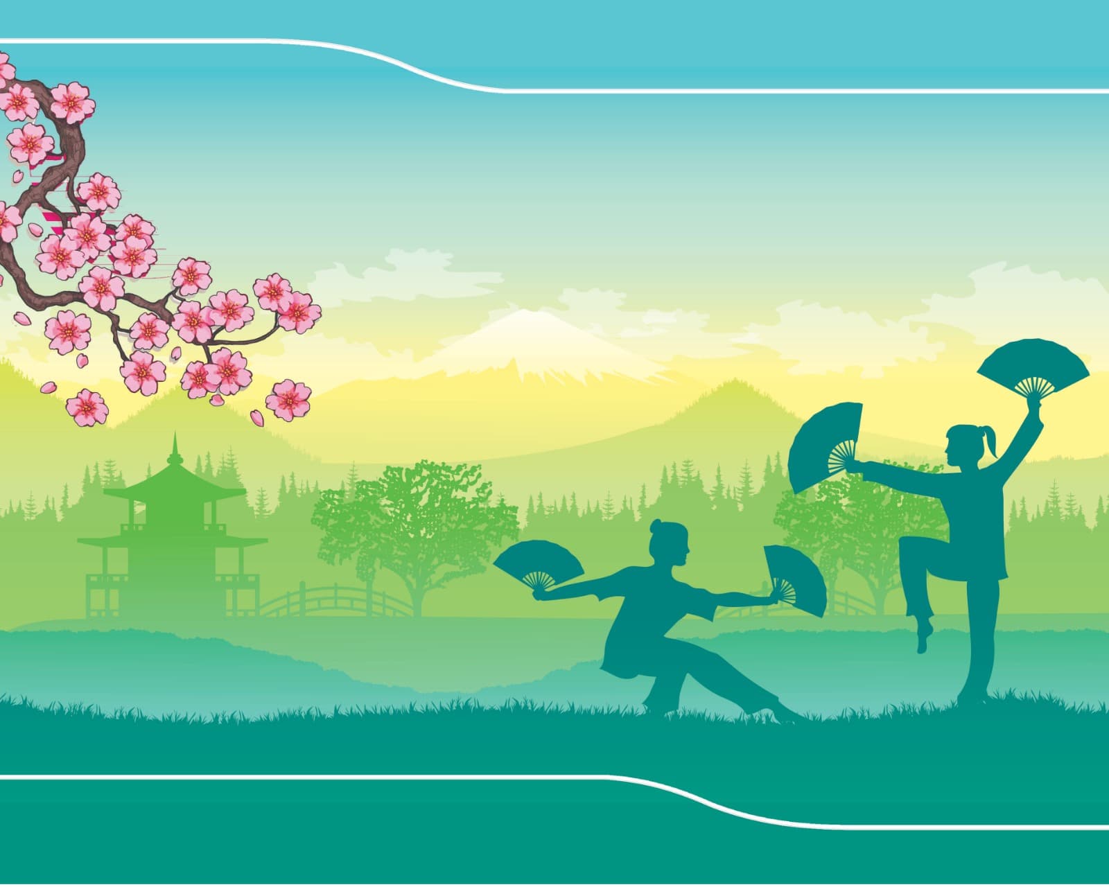 The Cherry Blossom wrapper design: two teal silhouetted dancers with fans on a green meadow, below a blossom branch and a pale mountain, printed for notebook covers.